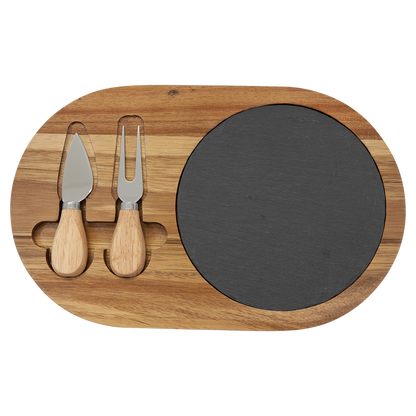 Personalized Round Acacia Wood & Slate Cheese Set