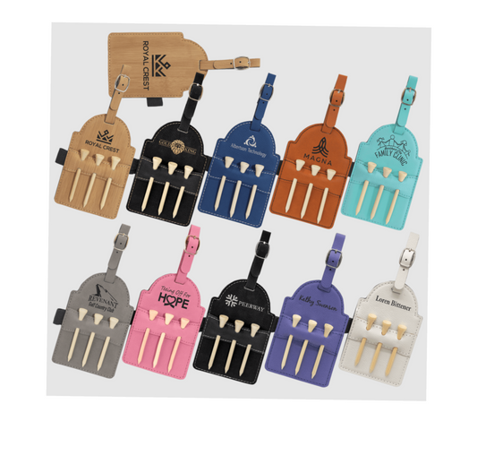 ADD YOUR LOGO - Leatherette Golf Bag Tag with 3 Wooden Tees