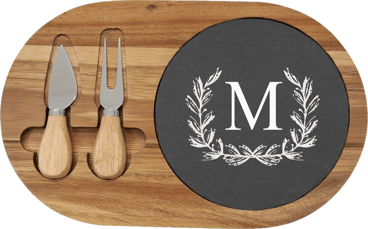 Personalized Round Acacia Wood & Slate Cheese Set