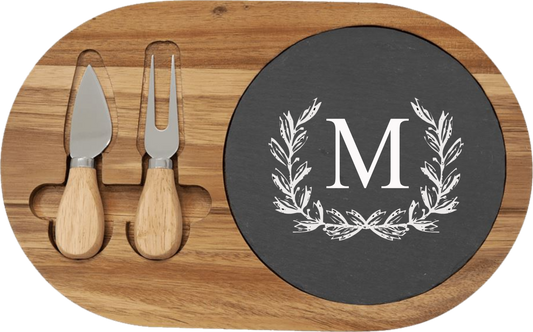 Personalized Round Acacia Wood & Slate Cheese Set